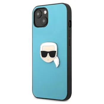 Pouzdro Karl Lagerfeld iPhone 13 Leather Ikonik Karl`s Head Metal modré