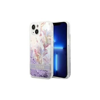 Pouzdro Guess iPhone 14 Flower Liquid Glitter fialové