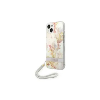 Pouzdro Guess iPhone 14 Plus Flower Strap fialové