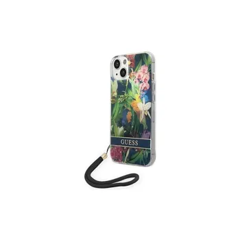 Pouzdro Guess iPhone 14 Flower Strap modré