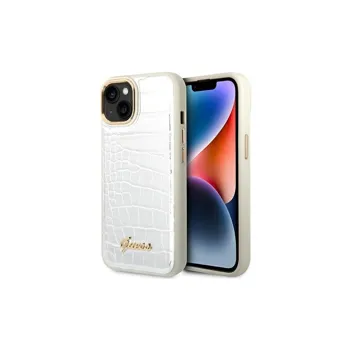 Pouzdro Guess iPhone 14 PLUS Croco Collection stříbrné