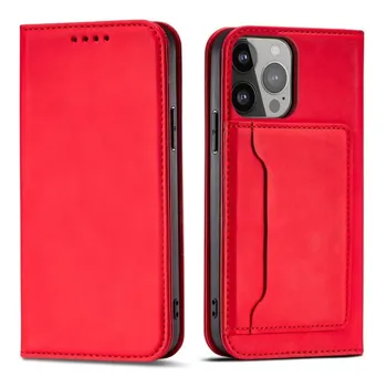 Pouzdro Hurtel Magnet Card Case elegantní knížkové s venkovní kapsou na iPhone 13 Pro Červené