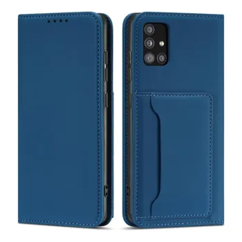 Pouzdro Hurtel Magnet Card Case elegantní knížkové s venkovní kapsou na Samsung Galaxy A12 / M12 Modré