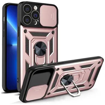 Pouzdro Hurtel Hybrid Armor Camshield silikonové s kovovým kroužkem na iPhone 13 Pro MAX Růžové