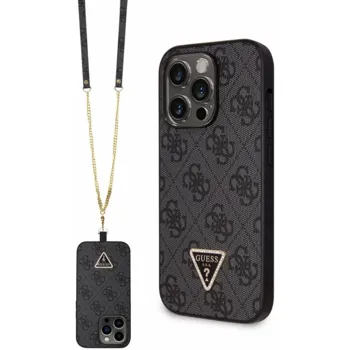 Pouzdro Guess PU 4G Strass Triangle Metal Logo + Crossbody Popruh iPhone 15 Pro Max černé