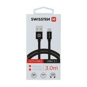 Swissten 71527900 USB 2.0, zástrčka A - zástrčka C, opletený, 3m, černý